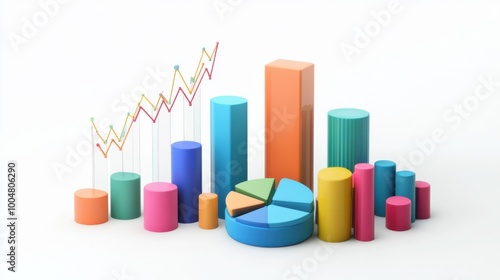 3D render of a colorful bar charts and pie graphs representing statistical data analysis and business metrics