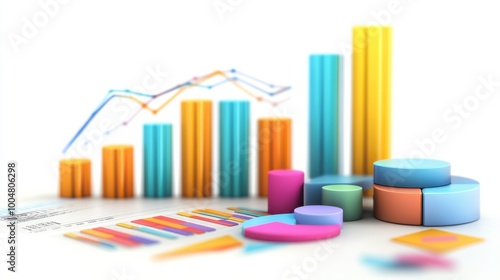 3D render of a colorful bar charts and pie graphs representing statistical data analysis and business metrics