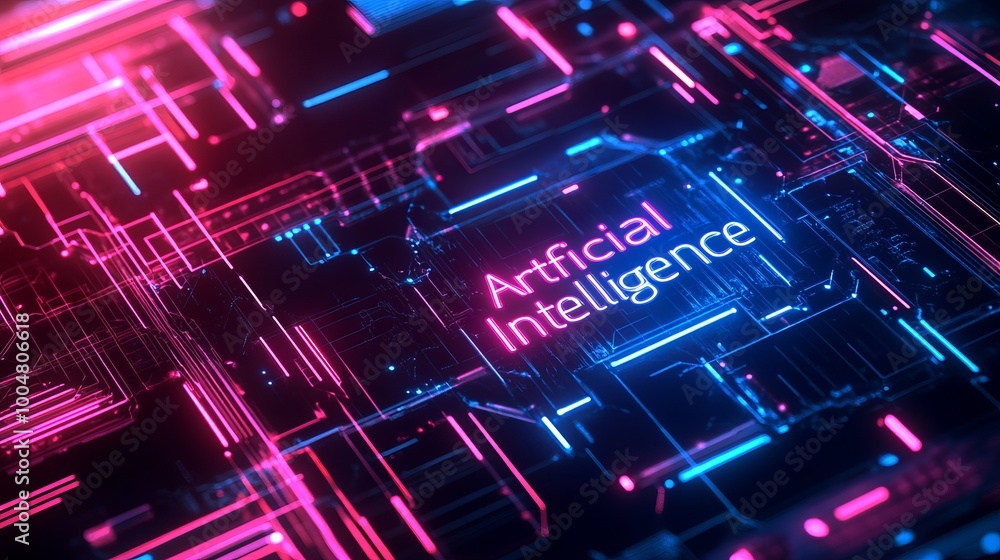Futuristic digital landscape filled with glowing lines, geometric shapes, and the text Futuristic digital landscape filled with glowing lines, geometric shapes, and the text