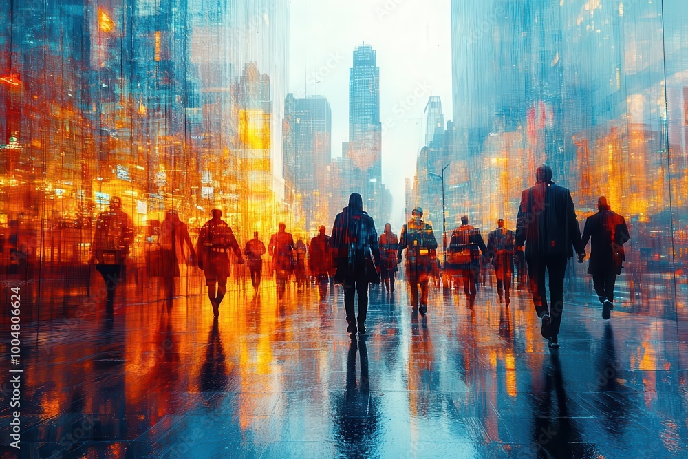 dynamic group of professional people briskly walking through a modern cityscape blurred figures in motion emphasizing sustainable living and collaborative spirit with skyscrapers towering above dynamic group of professional people briskly walking through a modern cityscape blurred figures in motion emphasizing sustainable living and collaborative spirit with skyscrapers towering above