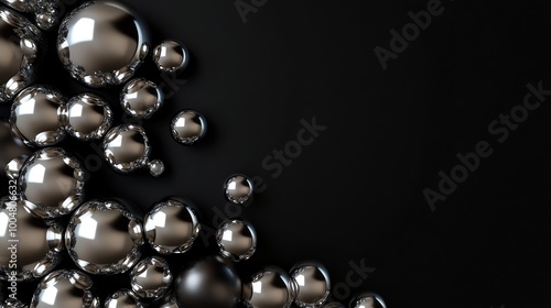 Shiny silver spheres are scattered in a corner of a black background, leaving plenty of negative space.