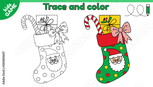 Kids educational game Tracing lines. Cartoon Christmas stocking with gift, lollipop. Trace and color. Handwriting practice worksheet for children. Writing and coloring page. Holiday Xmas sock. Vector.