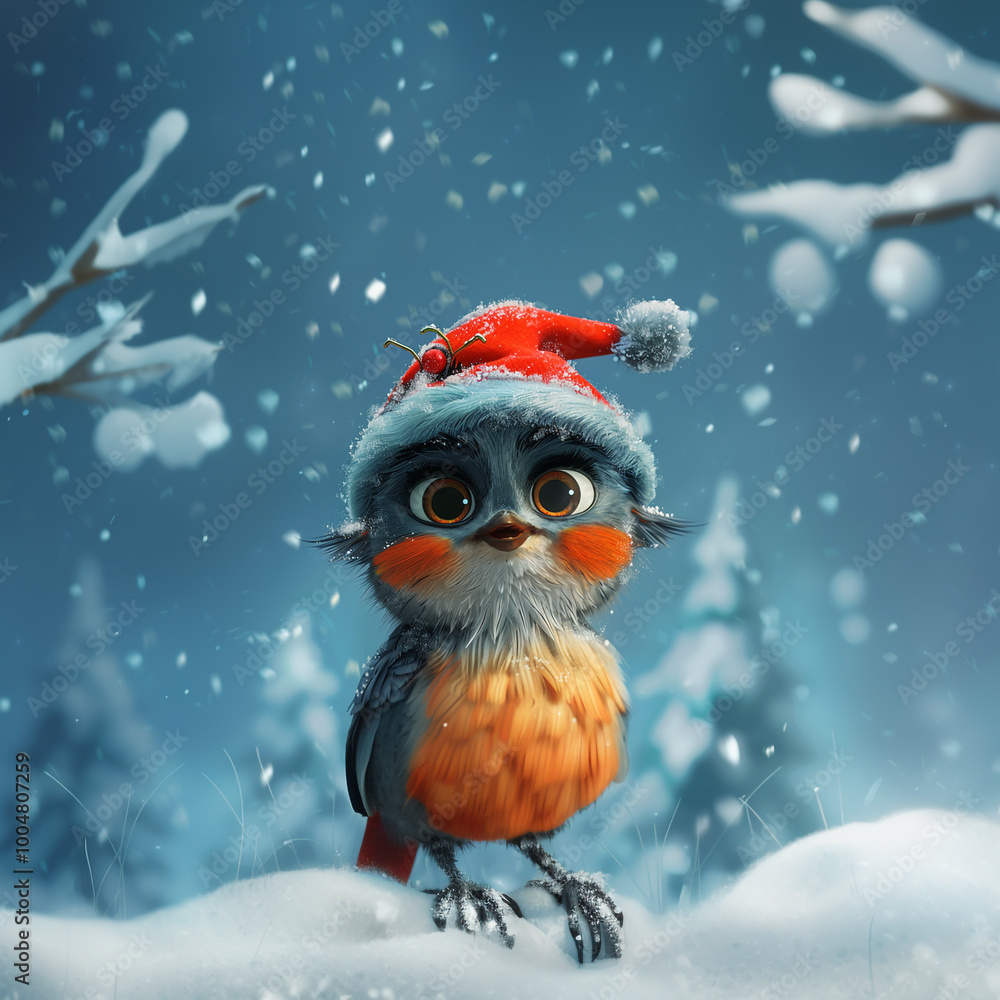 christmas holiday, robin small bird in red hat on an isolated yuletide background, watercolor illustration christmas holiday, robin small bird in red hat on an isolated yuletide background, watercolor illustration