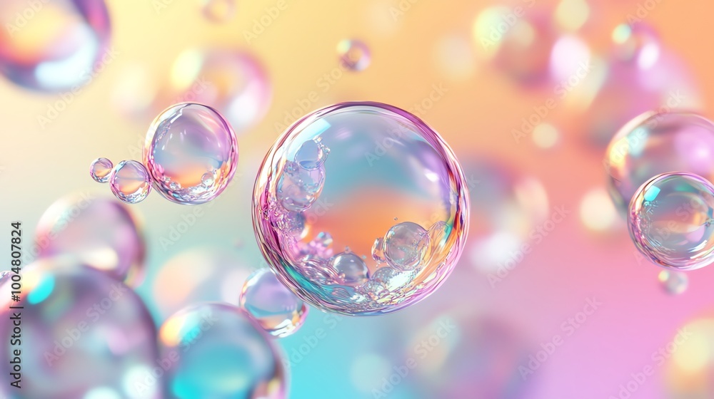 Close-up of iridescent soap bubbles floating against a soft pastel background. Close-up of iridescent soap bubbles floating against a soft pastel background.
