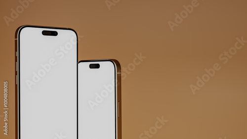 Two smartphones blank screen close up with warm gradient background, 3d render