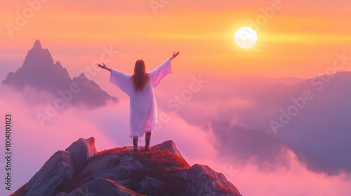 Woman in white robe standing on mountaintop with arms outstretched, watching the sunset.