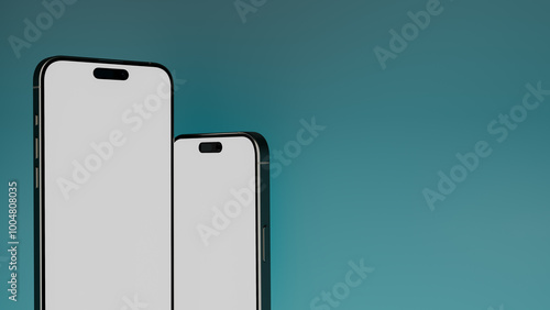 Two smartphones blank screen close up with blue background, 3d render