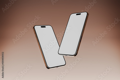 Two floating phones with white screen mock up, 3d render