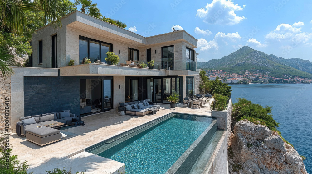 Fototapeta premium A spacious coastal villa features an infinity pool, surrounded by seating areas and palm trees, offering breathtaking views of the Adriatic Sea