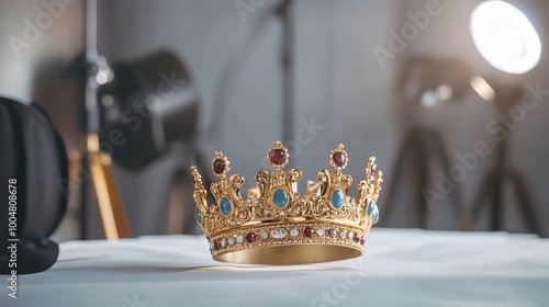 A gold crown with blue and red gems sits on a white surface in a studio setting.