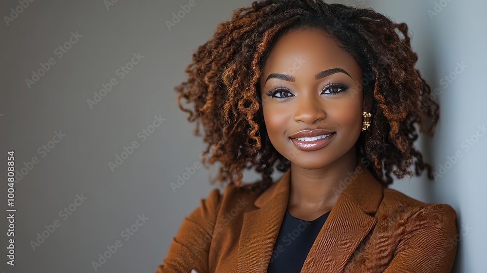 Confident woman with curly hair smiling in professional attire, showcasing empowerment and leadership in a modern setting. Confident woman with curly hair smiling in professional attire, showcasing empowerment and leadership in a modern setting.