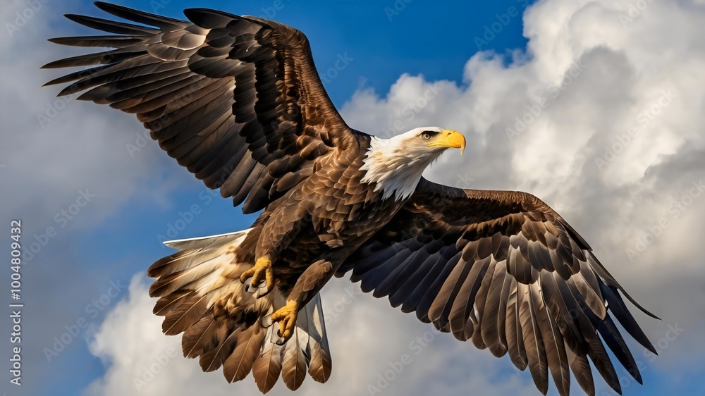 Fototapeta premium Majestic Bald Eagle Soaring Against Dramatic Cloudy Sky
