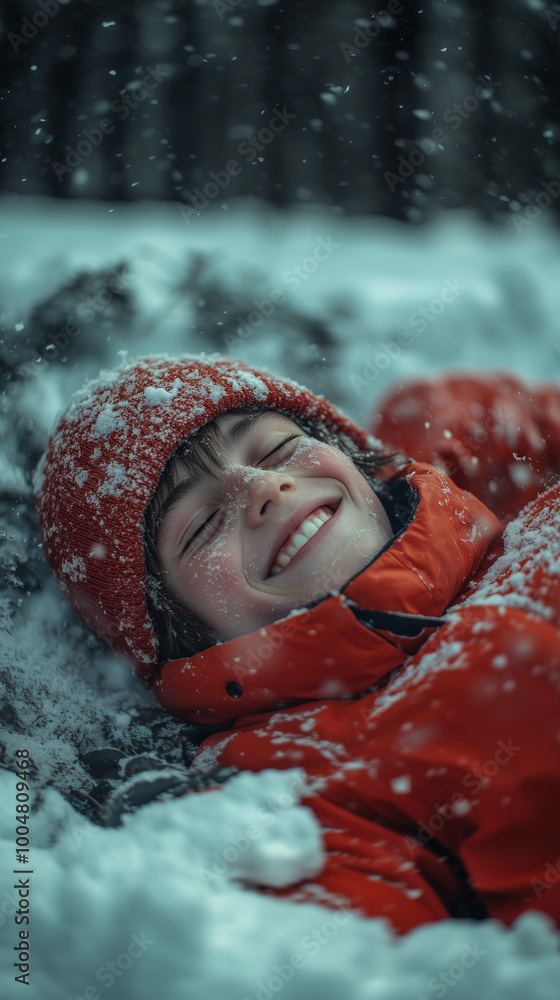 close up overhead view of a child in a red outfit playing in the snow during winter family vacation outdoor