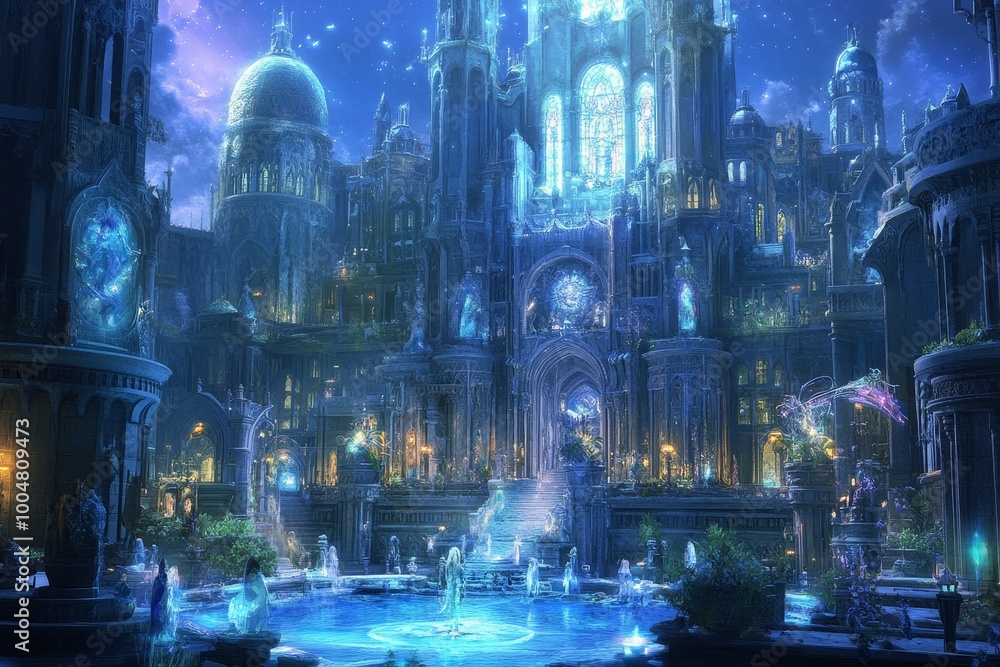 Obraz premium A mesmerizing magical fantasy world where humans and mystical creatures coexist, captured in stunning realism. This hidden, mythical location brings to life a sense of wonder and mystery, evoking awe 