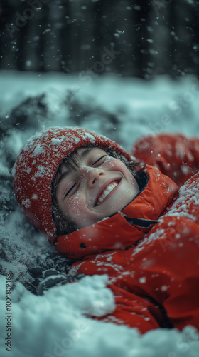 Obraz na płótnie close up overhead view of a child in a red outfit playing in the snow during winter family vacation outdoor w salonie