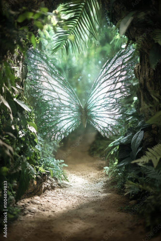Fototapeta premium A mesmerizing magical fantasy world where humans and mystical creatures coexist, captured in stunning realism. This hidden, mythical location brings to life a sense of wonder and mystery, evoking awe 