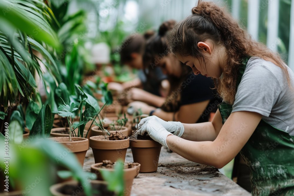 Participants crafting plant pots from clay while surrounded by greenery Participants crafting plant pots from clay while surrounded by greenery