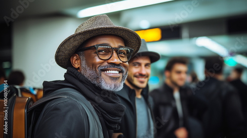 Obraz na płótnie adult african american man with a hat, backpack, and luggage at the airport, preparing for an adventurous flight w salonie