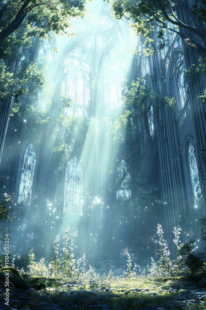 Obraz premium A mesmerizing magical fantasy world where humans and mystical creatures coexist, captured in stunning realism. This hidden, mythical location brings to life a sense of wonder and mystery, evoking awe 