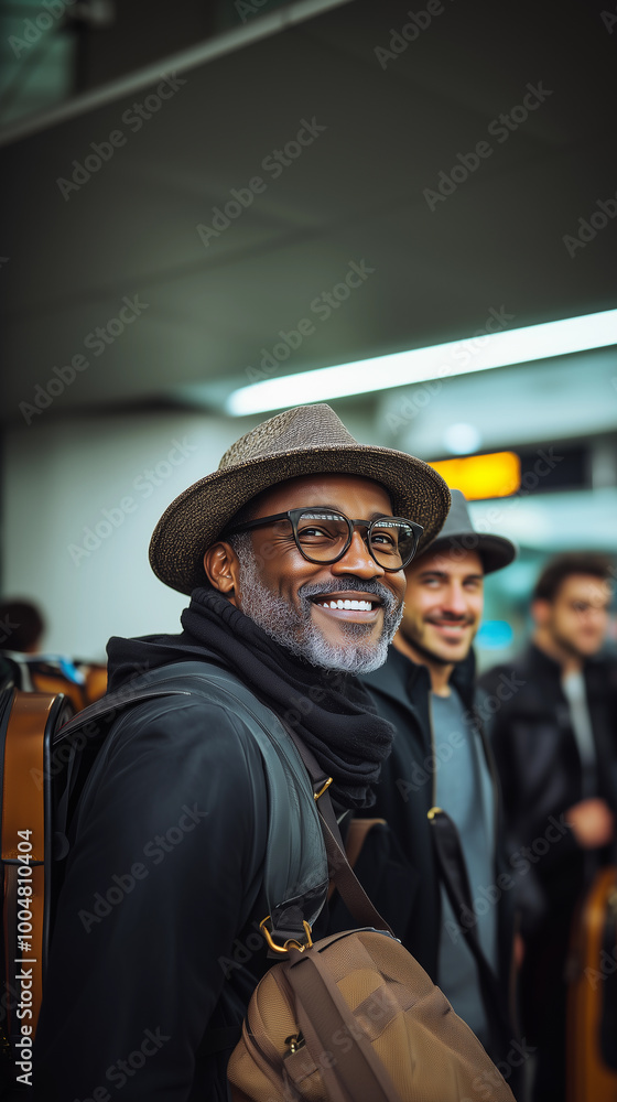 adult african american man with a hat, backpack, and luggage at the airport, preparing for an adventurous flight