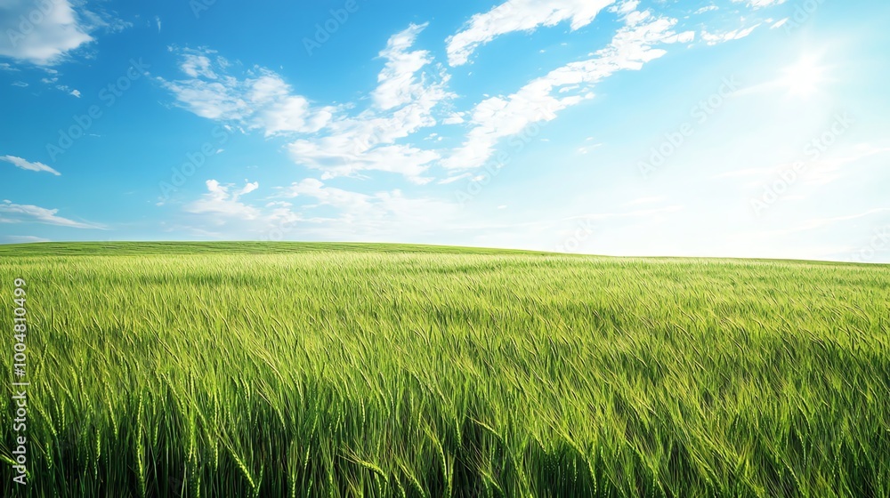 Obraz premium A wide shot of a lush green field with a bright blue sky and white clouds above.