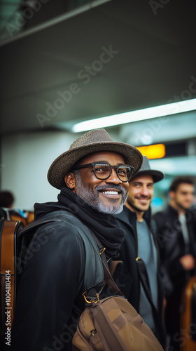Obraz na płótnie adult african american man with a hat, backpack, and luggage at the airport, preparing for an adventurous flight w salonie