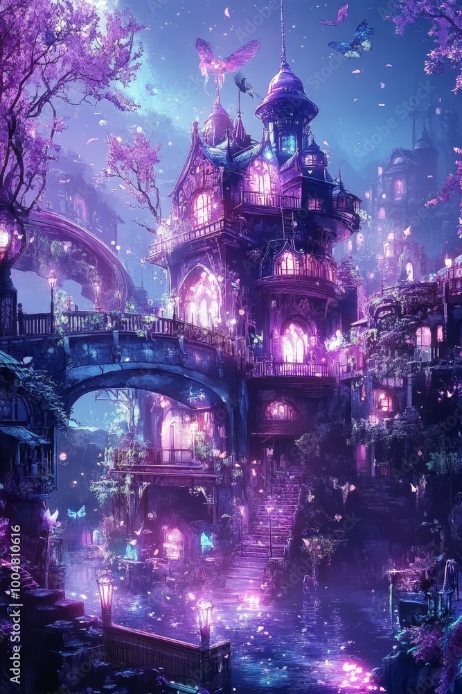 Obraz premium A mesmerizing magical fantasy world where humans and mystical creatures coexist, captured in stunning realism. This hidden, mythical location brings to life a sense of wonder and mystery, evoking awe 