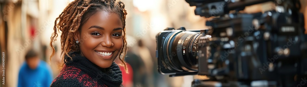 A joyful woman smiles while standing next to a camera in a lively urban environment, showcasing a passion for filmmaking. A joyful woman smiles while standing next to a camera in a lively urban environment, showcasing a passion for filmmaking.