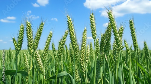 Close-up of green wheat stalks reaching for the blue sky with white clouds.