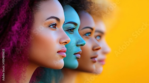 Wallpaper Mural Colorful portrait showcasing diversity and beauty, featuring women with vibrant hair against a bright backdrop. Torontodigital.ca