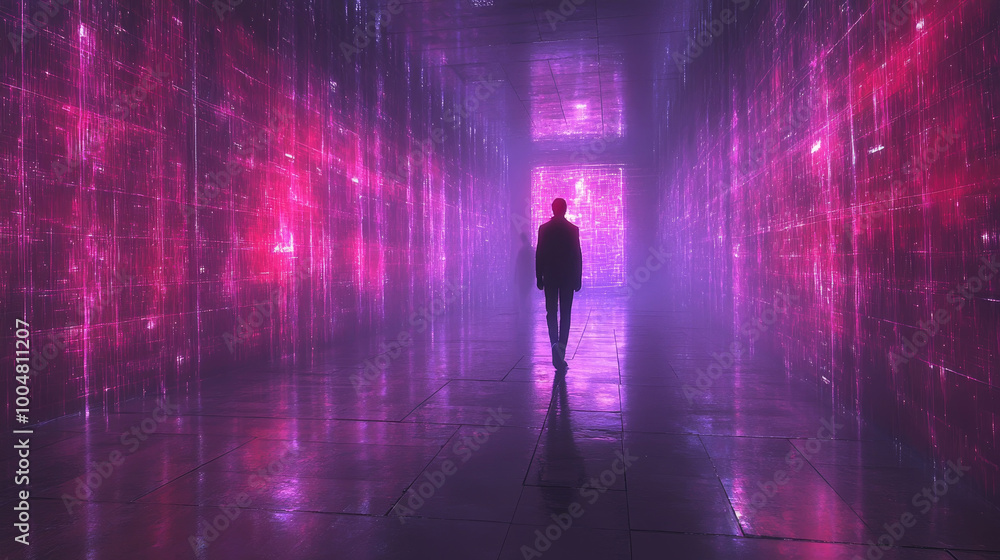 A lone individual strolls along a glowing hallway surrounded by colorful, shimmering walls of light during twilight hours A lone individual strolls along a glowing hallway surrounded by colorful, shimmering walls of light during twilight hours