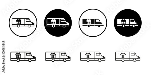 Truck carrying gift box icon Collection of flat thin outline vector