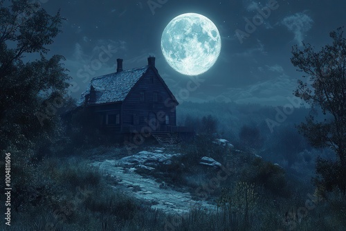 eerie scene of an old spooky house perched atop a hill illuminated by the full moon creating an atmosphere of mystery and intrigue in the dark night