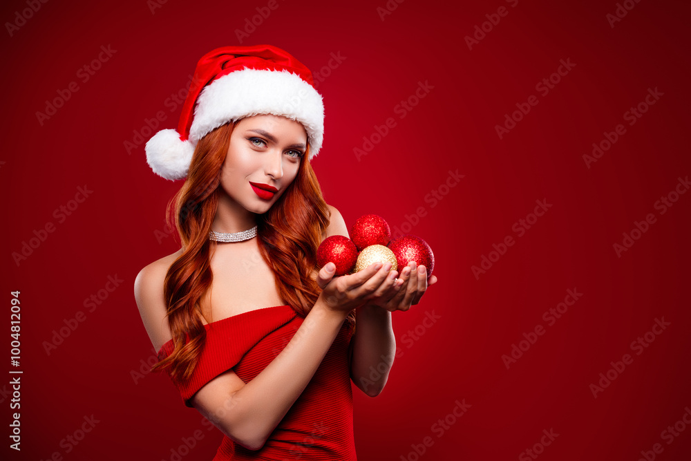 Photo of attractive chic lady hold christmas time toys advertising wear santa claus hat cocktail clothes Photo of attractive chic lady hold christmas time toys advertising wear santa claus hat cocktail clothes
