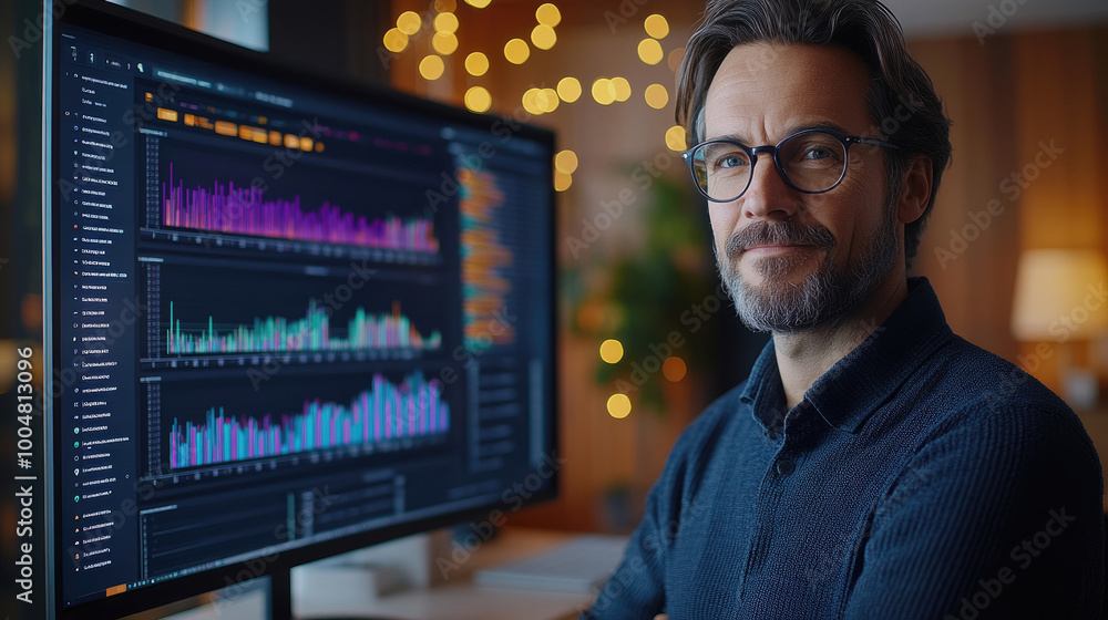 A focused individual reviews colorful data visualizations on a large monitor while sitting in a warmly lit office space at night A focused individual reviews colorful data visualizations on a large monitor while sitting in a warmly lit office space at night