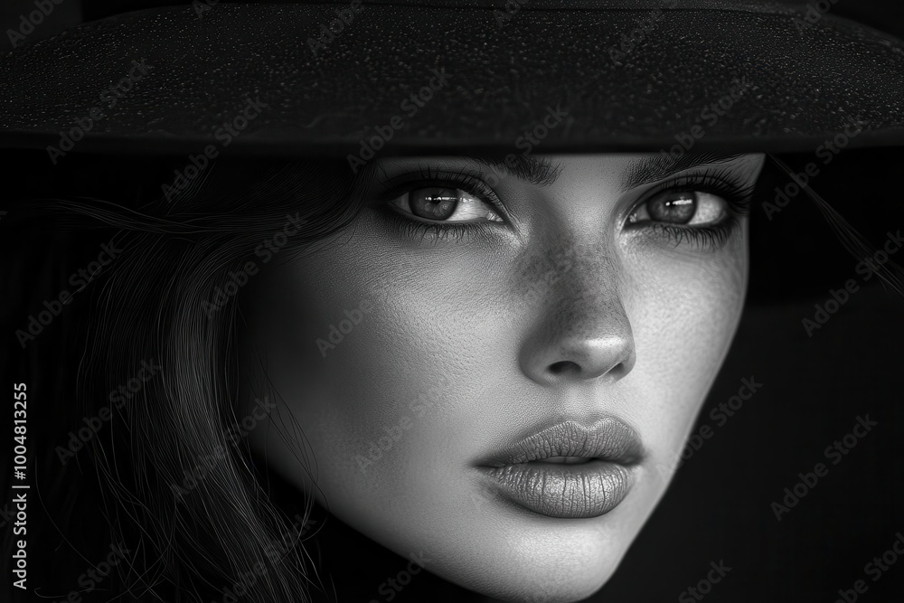 elegant black and white portrait of a woman in a widebrimmed hat her intense gaze captured in dramatic lighting the contrast creates a striking and timeless image full of mystery elegant black and white portrait of a woman in a widebrimmed hat her intense gaze captured in dramatic lighting the contrast creates a striking and timeless image full of mystery