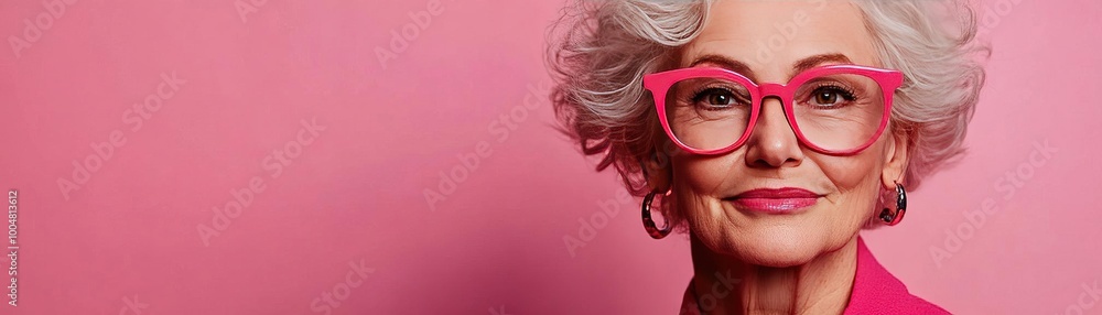 Charming elderly woman with stylish glasses and gray hair, showcasing confidence and grace against a vibrant pink background. Charming elderly woman with stylish glasses and gray hair, showcasing confidence and grace against a vibrant pink background.