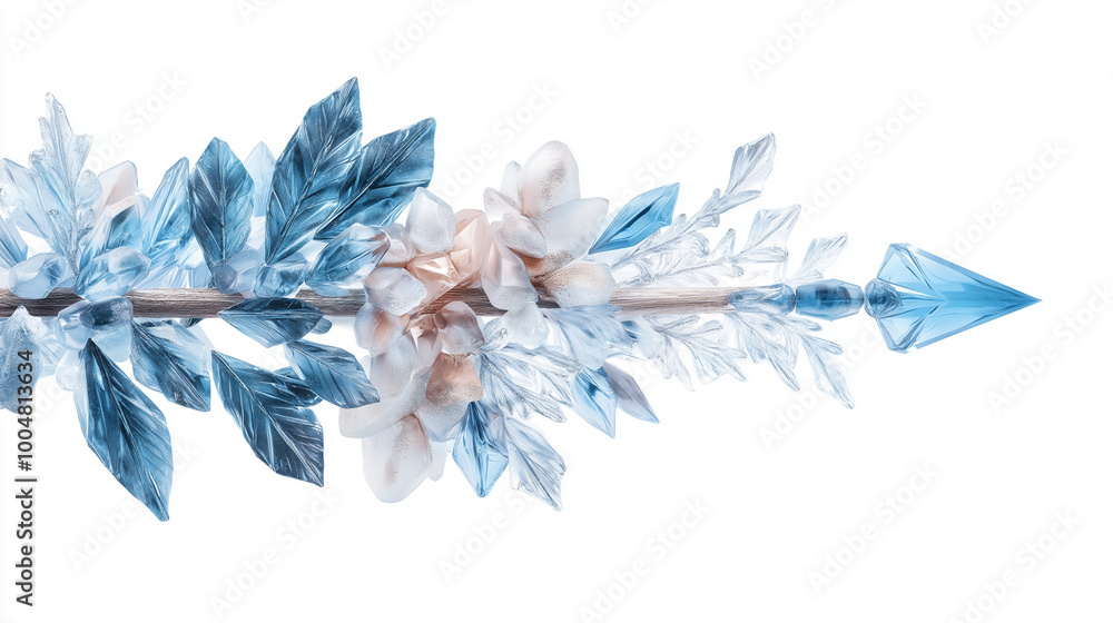 Fototapeta premium A delicate glass arrow adorned with frosted flowers and leaves.