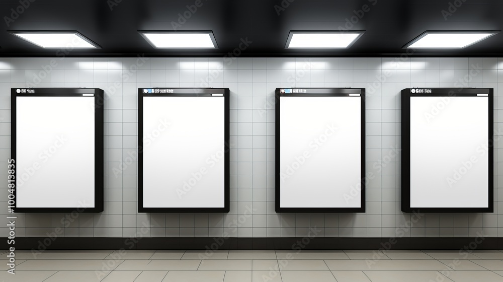 Empty advertising boards in a modern subway station waiting for new advertisements in the city Empty advertising boards in a modern subway station waiting for new advertisements in the city