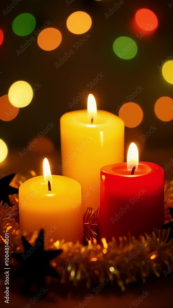 Festive Christmas Candles with Glowing Bokeh Lights Background. Holiday And Celebration Themes In Events. Festive Christmas Candles with Glowing Bokeh Lights Background. Holiday And Celebration Themes In Events.