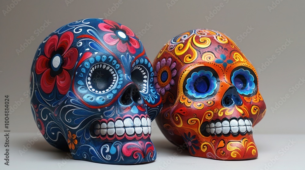 Vibrant Hand-Painted Mexican Day of the Dead Sugar Skull. Traditional Folk Art with Colorful Patterns Celebrating Dia de los Muertos Culture Vibrant Hand-Painted Mexican Day of the Dead Sugar Skull. Traditional Folk Art with Colorful Patterns Celebrating Dia de los Muertos Culture