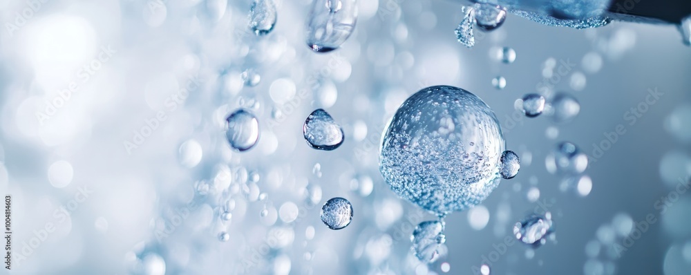 Close-up of water droplets in motion with bokeh effect, macro photography concept Close-up of water droplets in motion with bokeh effect, macro photography concept