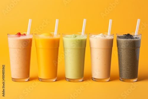 Colorful smoothies lined up on a bright yellow background showcasing various flavors and textures