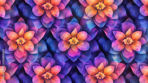  A colorful pattern of abstract flowers with symmetrical petals. 