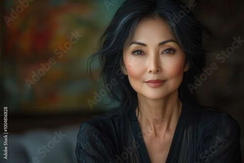 elegant portrait of a beautiful middleaged asian woman her features exuding confidence and grace set against a softly blurred background that enhances her natural beauty