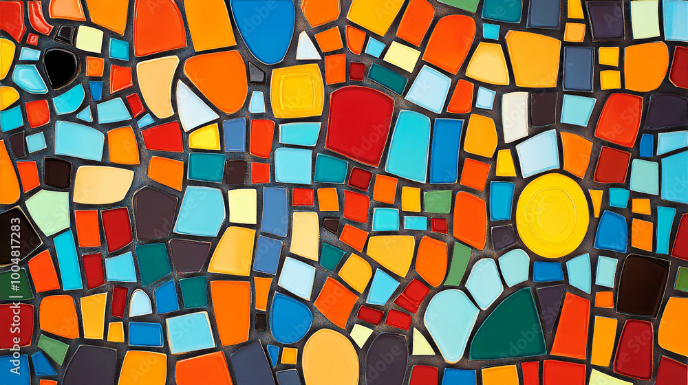 A colorful mosaic pattern with various shapes. A colorful mosaic pattern with various shapes.