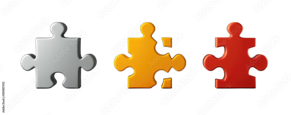 Three connected jigsaw puzzle pieces in different colors, symbolizing connection.
