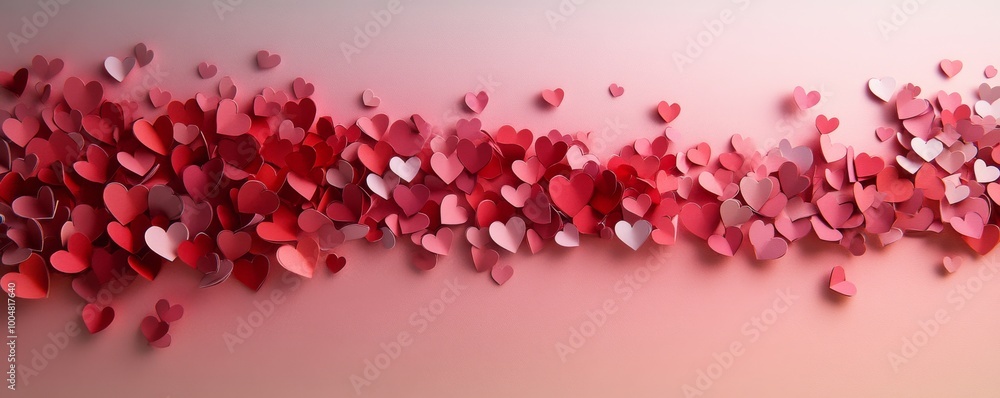 Scattered red and pink paper hearts on Scattered red and pink paper hearts on