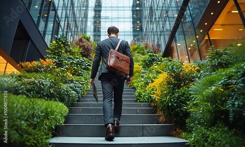 Businessman walking up steps in a lush, green indoor space.