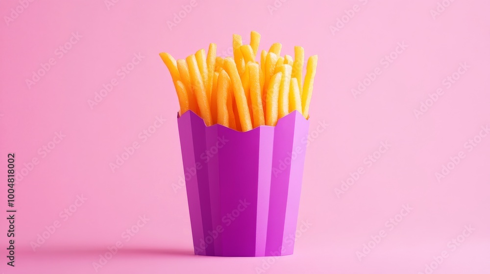 Box of french fries in vibrant pink setting, minimalistic food concept Box of french fries in vibrant pink setting, minimalistic food concept
